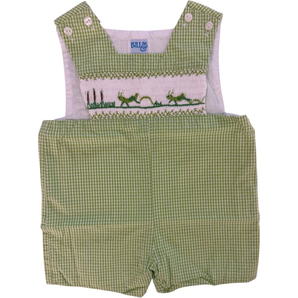 LULI & ME Sz 12m Jon-Jon Gingham Green Grasshopper Smocked Baby Romper Shortall